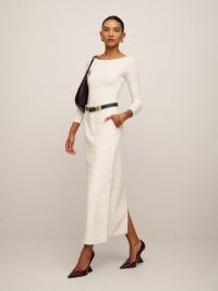 Reformation Veda Cooper Leather Midi Skirt in Ivory – luxury off white column skirts