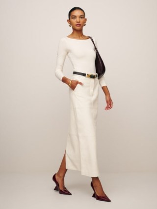 Reformation Veda Cooper Leather Midi Skirt in Ivory – luxury off white column skirts - flipped