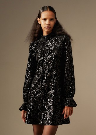 ME AND EM Velour Sequin Mini Shift Dress in Black ~ sequinned LBD ~ long sleeve high neck occasion dreses p