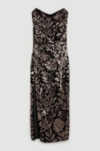 KAREN MILLEN Velvet Sequin Woven One Shoulder Maxi Dress in Black – floral sequinned bardot neckline dresses – glamorous evening occasion clothes