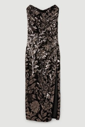 KAREN MILLEN Velvet Sequin Woven One Shoulder Maxi Dress in Black – floral sequinned bardot neckline dresses – glamorous evening occasion clothes p - flipped