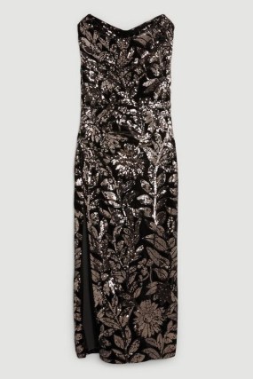 KAREN MILLEN Velvet Sequin Woven One Shoulder Maxi Dress in Black – floral sequinned bardot neckline dresses – glamorous evening occasion clothes p