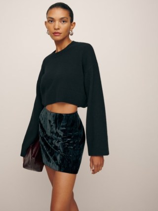 Reformation Veranda Skirt in Black Crinkle Velvet – luxe mini skirts p