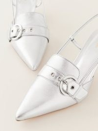 Reformation Wave Slingback Heel in Silver – retro style foil metallic leather slingbacks – pointed toe buckle detail kitten heels