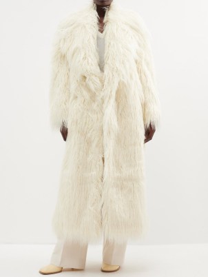 THE FRANKIE SHOP Nicole faux-fur double-breasted long coat in white – glamorous shaggy retro inspired longline coats – women’s 70s vintage style outerwear - flipped