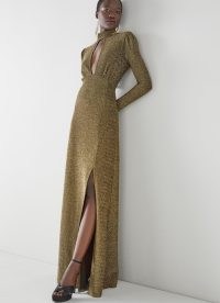 L.K. Bennett Wilma Gold Metallic Slit-Front Maxi Dress | glamorous retro style evening dresses | 70s vintage inspired glaour | glamorous 1970s look occasion fashion