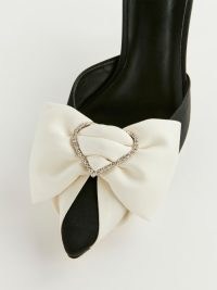 Reformation Wilson Bow Mule Heel in Black / Ivory – embellished monochrome mules – silk evening heels