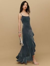 Reformation Winola Dress in Shale Velvet – luxe strappy ruffle edged maxi dresses – ruffled asymmetric slit hemline