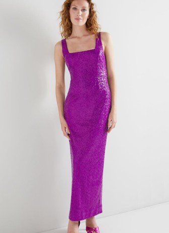 L.K. BENNETT Winter Purple Sequin Maxi Dress / sleeveless sequinned column dresses / occasion glamour / glamorous evening event clothing / shimmering party clothes / luxury fashion - flipped