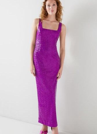 L.K. BENNETT Winter Purple Sequin Maxi Dress / sleeveless sequinned column dresses / occasion glamour / glamorous evening event clothing / shimmering party clothes / luxury fashion