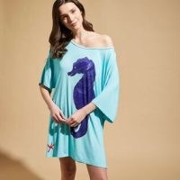 VILEBREQUIN X PATRIZIA GUCCI MAXI VISCOSE DRESS SEAHORSE in lagoon blue – women’s poolside T-shirt dresses – womens beachwear cover up – beach clothing