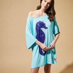 VILEBREQUIN X PATRIZIA GUCCI MAXI VISCOSE DRESS SEAHORSE in lagoon blue – women’s poolside T-shirt dresses – womens beachwear cover up – beach clothing p - flipped