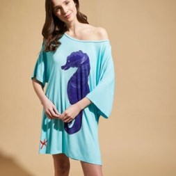 VILEBREQUIN X PATRIZIA GUCCI MAXI VISCOSE DRESS SEAHORSE in lagoon blue – women’s poolside T-shirt dresses – womens beachwear cover up – beach clothing p
