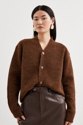 KAREN MILLEN Wool Blend Cosy Slouchy Knit Cardigan in Chocolate ~ women’s relaxed brown cardigans p - flipped