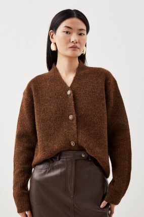 KAREN MILLEN Wool Blend Cosy Slouchy Knit Cardigan in Chocolate ~ women’s relaxed brown cardigans p