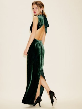 Reformation Yarden Velvet Dress in Forest ~ green sleeveless high neck open back maxi dresses p