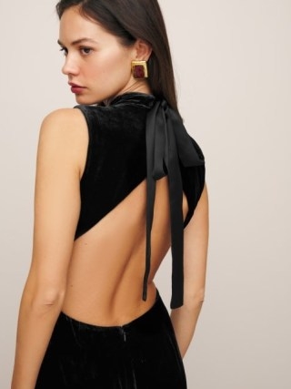 Reformation Yarden Velvet Dress in Black ~ sleeveless cut out back evening dresses ~ tie detail occasion fashion p - flipped