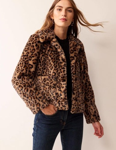 Boden York Faux-Fur Coat in Leopard / glamorous short length winter coats / women’s plush animal print jackets p - flipped