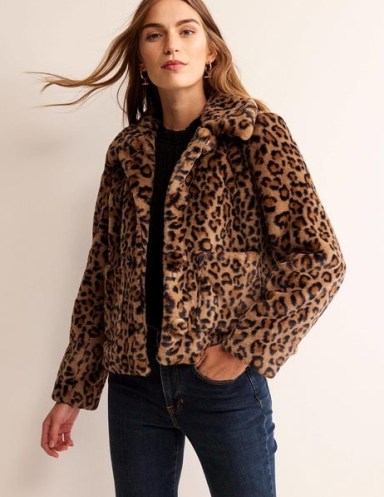 Boden York Faux-Fur Coat in Leopard / glamorous short length winter coats / women’s plush animal print jackets p