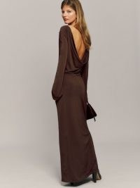 Reformation Aurelio Knit Dress in Cafe ~ brown low cowl back maxi dresses ~ slinky evening fashion
