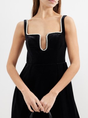 SELF-PORTRAIT Crystal-embellished velvet mini dress in black ~ plush plunge front LBD ~ sleeveless cut out neckline party dresses - flipped