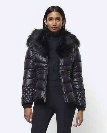 RIVER ISLAND Black Faux Fur Hood Puffer Jacket ~ glamorous padded winter jackets - flipped