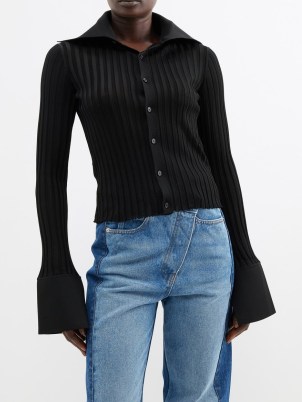 LOEWE Black flared-cuff ribbed-jersey cardigan ~ women’s collared cardigans with wide cuffs - flipped