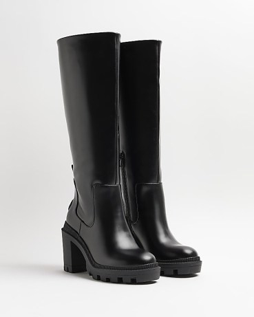 RIVER ISLAND Black Heeled Knee High Boots ~ women’s chunky faux leather winter footwear - flipped