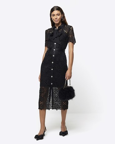 RIVER ISLAND Black Lace Bow Neck Midi Shirt Dress ~ semi sheer collared dresses ~ feminine fashion - flipped