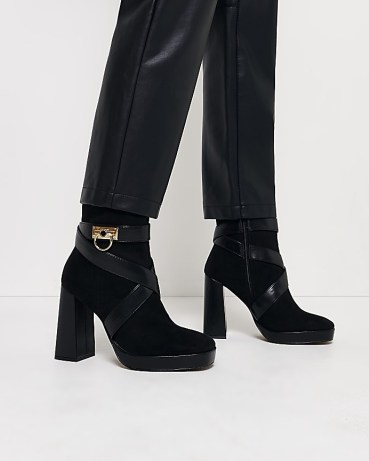 RIVER ISLAND Black Padlock Heeled Ankle Boots ~ high chunky heel platform boots ~ strap detail block heels - flipped