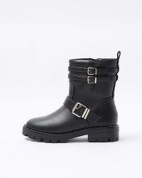 RIVER ISLAND Black Wide Fit Buckle Detail Biker Boots ~ women’s faux leather buckled boot