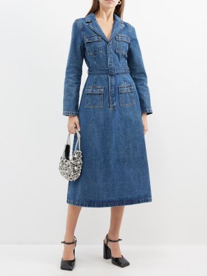 SELF-PORTRAIT Blue belted denim midi dress ~ long sleeve vintage style dresses with a notch lapel collar and an A-line skirt - flipped