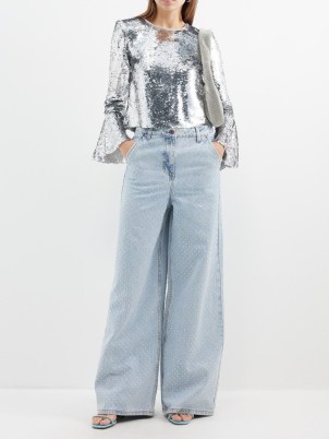 SELF-PORTRAIT Crystal-embellished wide-leg jeans in blue ~ women’s denim fashion covered with crystals - flipped