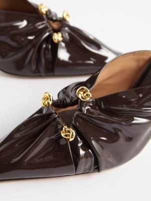 BOTTEGA VENETA Brown Knot 90 patent-leather mules ~ ruches glossy chocolate-brown high heel mule - flipped