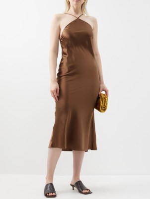 SAKS POTTS Sno silk-satin midi dress in brown ~ silky evening dresses