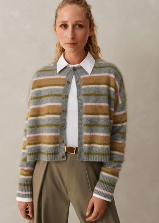 ME AND EM Brushed Cashmere Crew Neck Stripe Cardigan in Grey Multi | women’s luxury striped cardigans | luxe knitwear - flipped