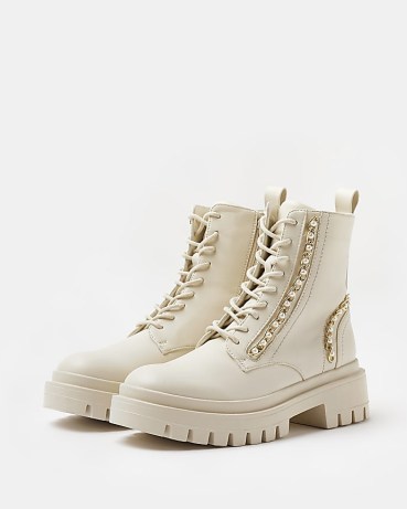 RIVER ISLAND Cream Chain Lace Up Chunky Boots ~ embellished combat boot - flipped