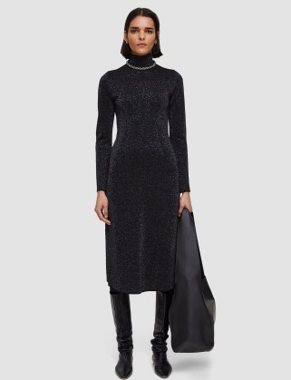 JOSEPH Double Face Lurex Merino Dress in Black ~ long sleeve high neck metallic thread dresses ~ luxe knitwear clothing - flipped