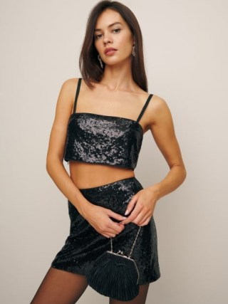 Reformation Dream Two Piece Black ~ metallic sequinned party co-ord ~ glittering partywear ~ women’s glamorous fashion co-ords ~ womens sustainable evening fashion set - flipped