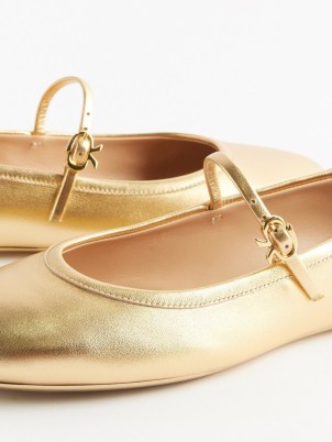 GIANVITO ROSSI Carla metallic-leather ballet flats in gold | luxe flat Mary Jane shoes | slender strap ballerinas - flipped