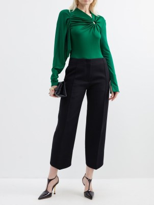 VICTORIA BECKHAM Green gathered jersey long-sleeved top ~ chic asymmetric tops - flipped