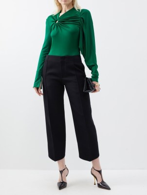 VICTORIA BECKHAM Green gathered jersey long-sleeved top ~ chic asymmetric tops