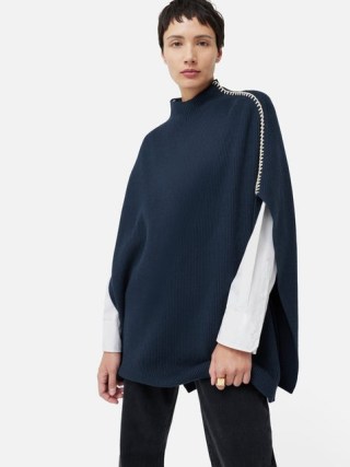 JIGSAW Blanket Stitch Poncho Navy ~ women’s knitted dark blue ponchos