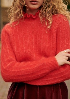 Sezane LORIS JUMPER in Red | bright fluffy high ruffle neck jumpers - flipped