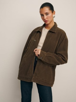 Reformation Marco Bomber Corduroy Jacket in Woodland ~ women’s collared zip up cord fabric jackets ~ womens fashion made with organically grown cotton - flipped