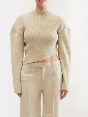 THE ROW Danana cropped asymmetric ribbed-cotton sweater in cream ~ women’s asymmetrical knitwear ~ drop shoulder crop hem jumper - flipped