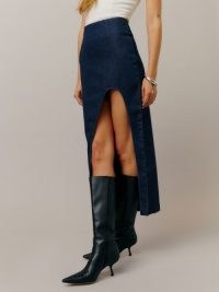 Reformation Paulina Denim Midi Skirt in Rinse | dark blue cut out slit skirts