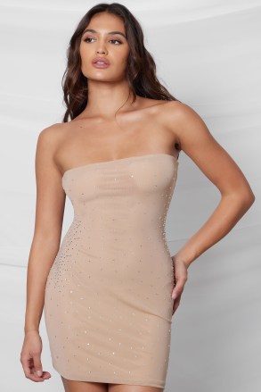 LEAU PERLA CRYSTAL EMBELLISHED MESH MINI DRESS in NUDE ~ strapless mini length party dresses with crystals ~ glamorous evening bodycon - flipped