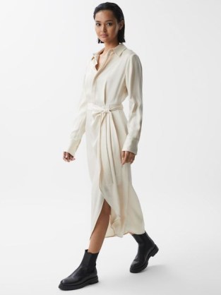 REISS ARABELLA SATIN SHIRT-STYLE MIDI DRESS ~ luxe collared dresses ~ asymmetric hemline - flipped