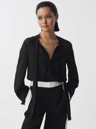 REISS ARINA TIE NECK SEMI-SHEER BLOUSE BLACK ~ minimalist pussy bow blouses - flipped